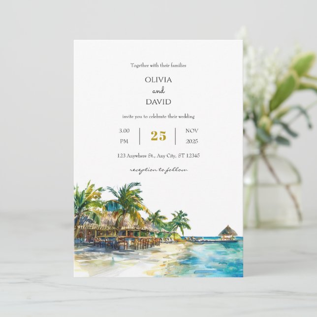 Tropical Palm Paradise Travel Sandy Beach Wedding Einladung (Stehend Vorderseite)