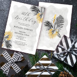 Tropical Palm Schwarz-weiß Gold 60. Geburtstag Einladung<br><div class="desc">Die elegante und schicke Tropendusche aus Palmblättern lädt mit zwei Arrangements aus schwarzen Linien gezeichnet Palmen-Blätter und vergoldetem Blattwerk ein. Die Überschrift zum Geburtstag ist in einem modernen und offenen Drehbuch geschrieben. Ein sanftes und romantisches graues Wasserfarbenwaschmittel zieht das Design vorne und hinten zusammen. Sehr einfach zu anpassen. Dieser Artikel...</div>