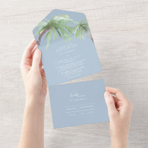 Tropical Palm Sky Blue Wedding All In One Einladung
