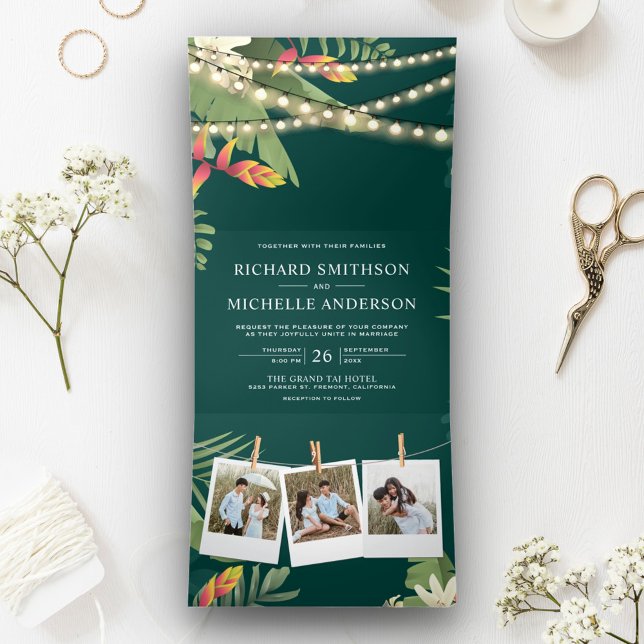 Tropical Palm String Lights Foto Collage Wedding Dreifach Gefaltete Einladung (Von Creator hochgeladen)