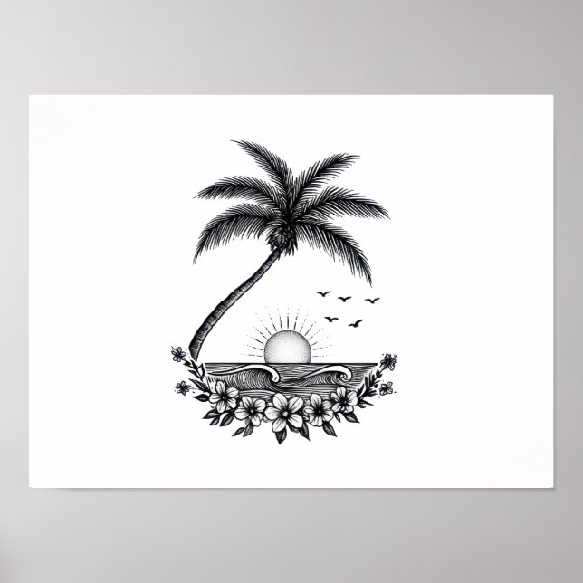 Tropical Palm Sunset – Minimalist Beach Line Art  Poster (Vorne)
