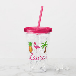 Tropical Palm Tree Ananas Pink Flamingo Acryltrinkbecher
