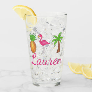 Tropical Palm Tree Ananas Pink Flamingo Glas