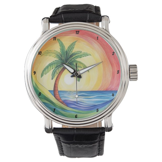 Tropical Palm Tree and Ocean Inspired Artwork Armbanduhr (Vorderseite)