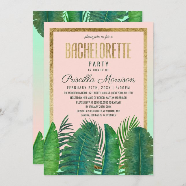 Tropical Palm Tree Banana Leaf Gold Bachelorette Einladung (Vorne/Hinten)