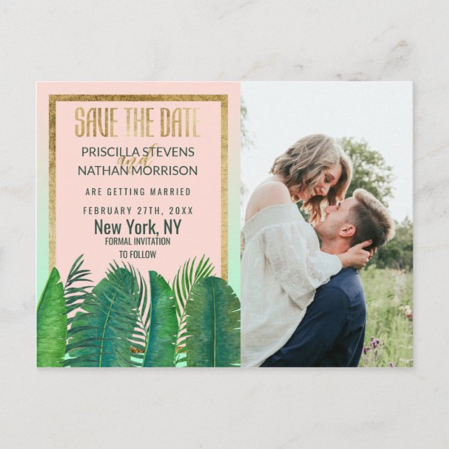Tropical Palm Tree Banana Leaf Gold Save the Date Postkarte (Vorderseite)