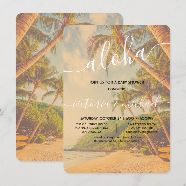 Tropical Palm Tree Beach Aloha Baby Dusche Einladung (Vorne/Hinten)