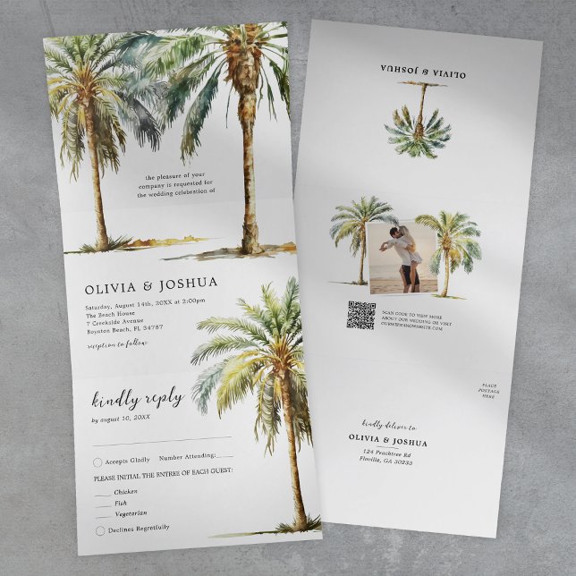 Tropical Palm Tree Beach Hochzeit Dreifach Gefaltete Einladung (Von Creator hochgeladen)