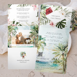 Tropical Palm Tree Beach Hochzeit Dreifach Gefaltete Einladung