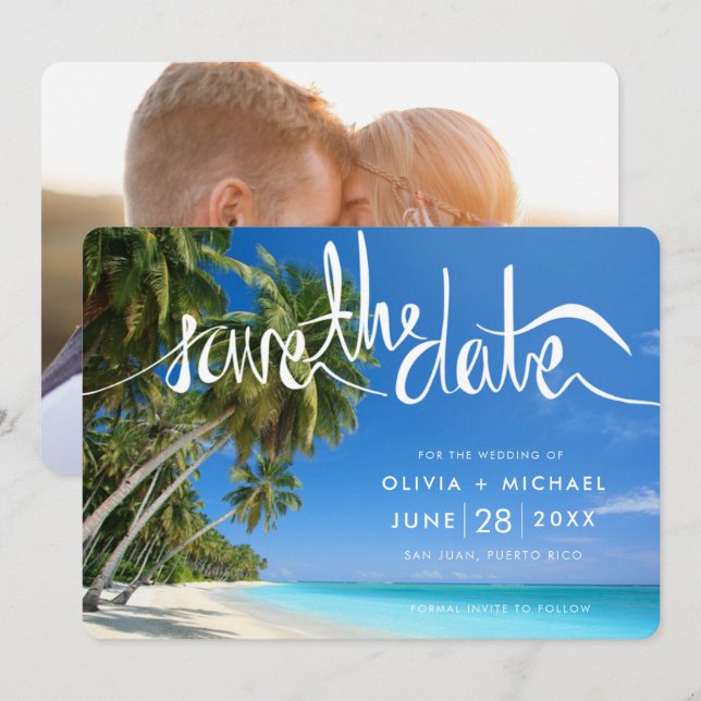 Tropical Palm Tree Beach Hochzeit in Urlaubsort Fo Save The Date (Vorne/Hinten)