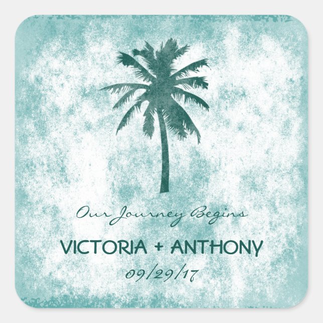 Tropical Palm Tree Beach Hochzeit Quadratischer Aufkleber (Vorderseite)