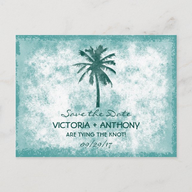 Tropical Palm Tree Beach Hochzeit Save the Date Ankündigungspostkarte (Vorderseite)