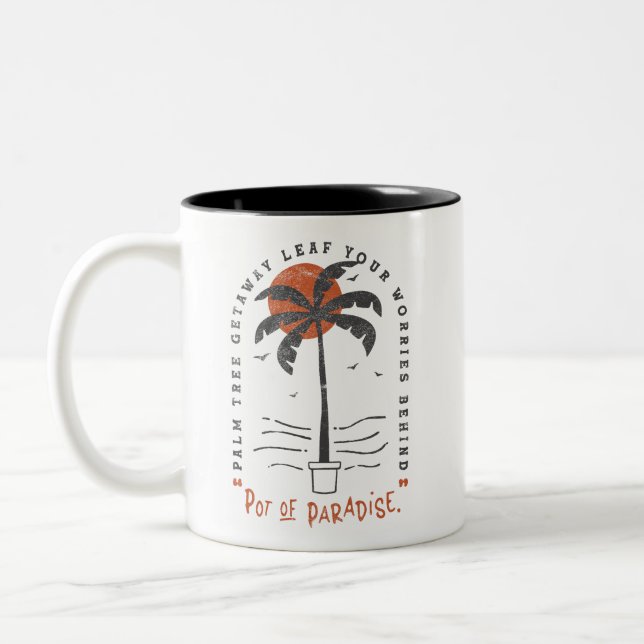 Tropical Palm Tree Beach Vibes Summer Sun Retro Zweifarbige Tasse (Links)