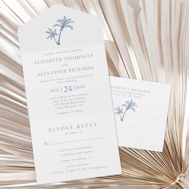 Tropical Palm Tree Beach Wedding Dusty Blue All In One Einladung (Von Creator hochgeladen)