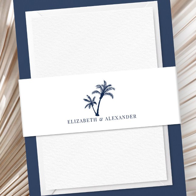 Tropical Palm Tree Beach Wedding Navy Blue Einladungsbanderole (Von Creator hochgeladen)