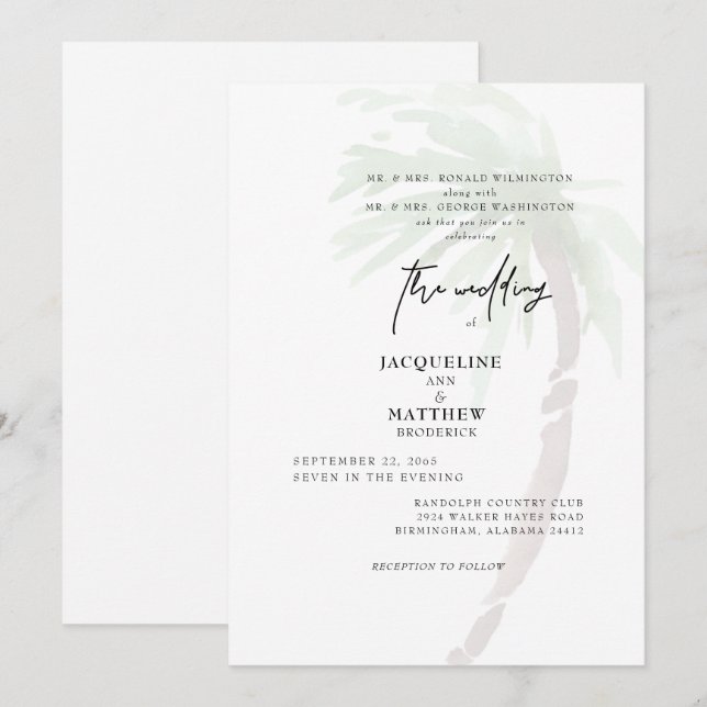Tropical Palm Tree Beide Eltern Hochzeit Einladung (Vorne/Hinten)