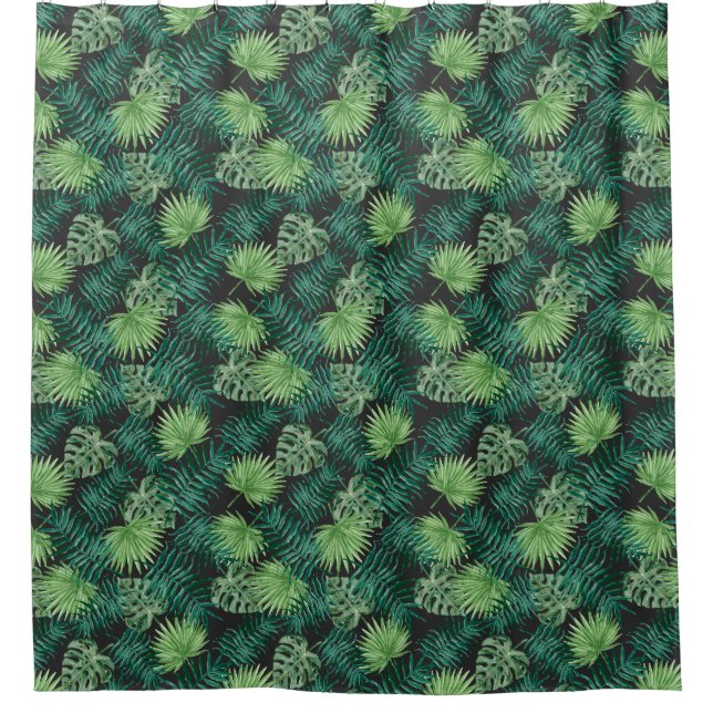 Tropical Palm Tree Blätter Muster Grün Schwarz Duschvorhang (Vorderseite)