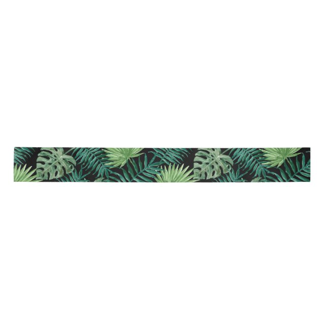 Tropical Palm Tree Blätter Pattern Grün Schwarz Satinband (Vorderseite)