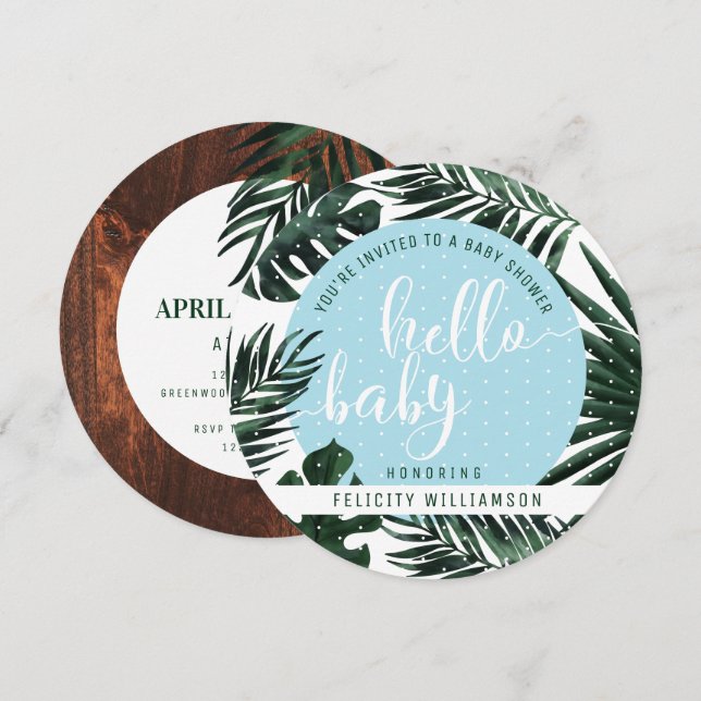 Tropical Palm Tree Blätter & Wood Boy Baby Shower Einladung (Vorne/Hinten)
