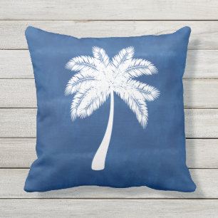 Tropical Palm Tree Blaues weißes Kissen im Freien