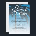 Tropical Palm Tree Blue Sweet 16. Geburtstag Einladung<br><div class="desc">Moderne tropisch blaue Omelette Sweet 16 Geburtstagseinladung mit Palmenhintergrund. Das helle Ibiza-Blau verblasst auf einem weißen Hintergrund. Der Text "16 . Geburtstag" in Weiß ist Set in der modernen Schrift. Elegante 16. Geburtstagsfeier für ein glamouröses 16 . Geburtstag, das perfekt für sie ist, die Modeerscheinung, die modernes Design, Luxus und...</div>