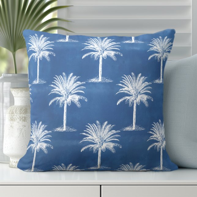 Tropical Palm Tree Blue White Pattern Throw Kissen (Discover Gorgeous Coastal Throw Pillows by Totally Coast.)