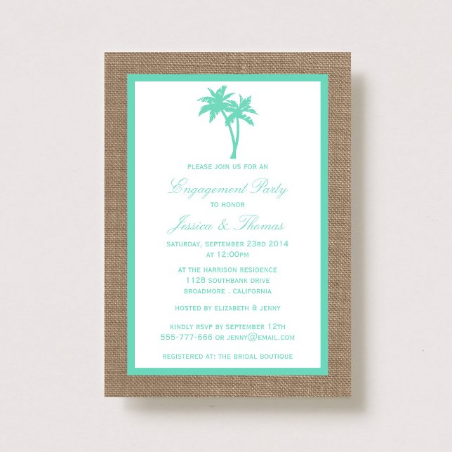 Tropical Palm Tree Burlap Beach Engagement Party Einladung (Von Creator hochgeladen)