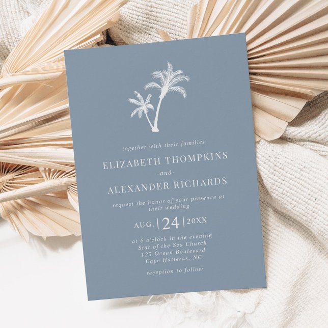 Tropical Palm Tree Dusty Blue Beach Hochzeit Einladung (Von Creator hochgeladen)
