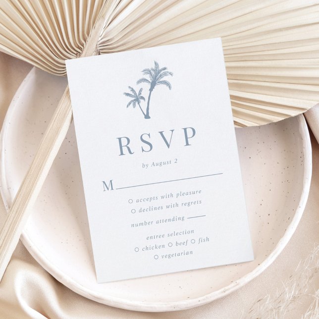 Tropical Palm Tree Dusty Blue Beach Hochzeit RSVP Karte (Von Creator hochgeladen)