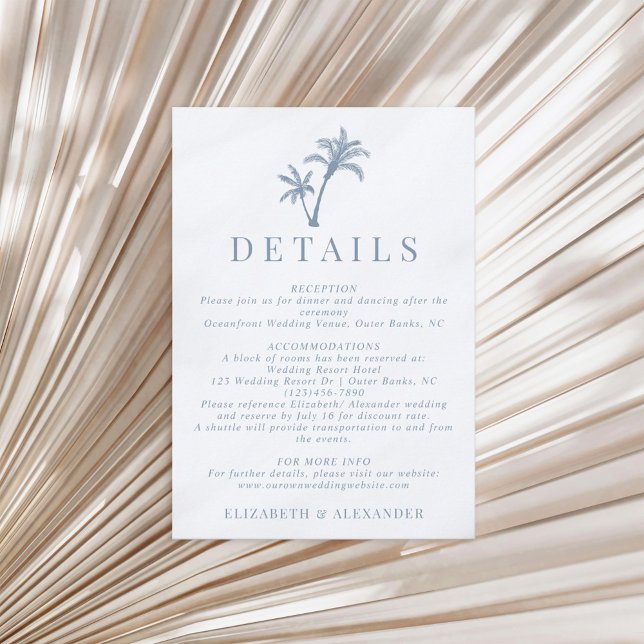 Tropical Palm Tree Dusty Blue Wedding Details Begleitkarte (Von Creator hochgeladen)