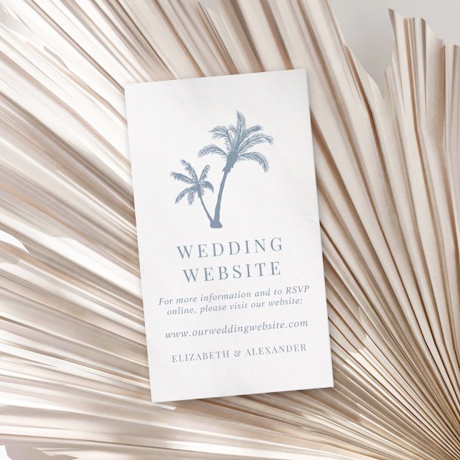 Tropical Palm Tree Dusty Blue Wedding Website Begleitkarte (Von Creator hochgeladen)