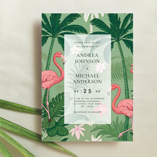 Tropical Palm Tree Flamingo Destination Wedding Einladung (Von Creator hochgeladen)