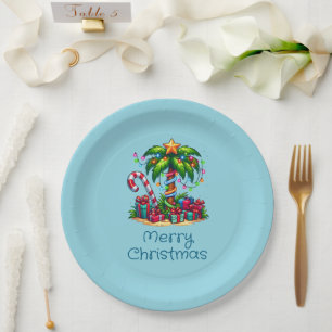 Tropical Palm Tree Frohe Weihnachten Pappteller