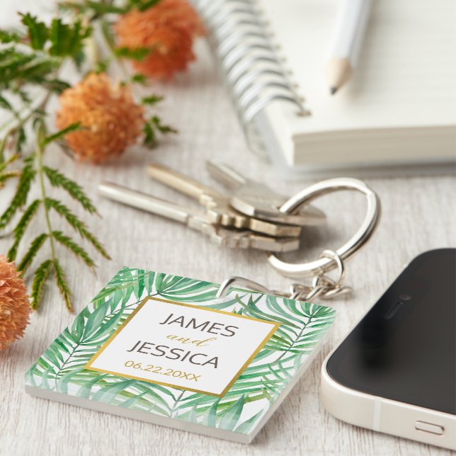 Tropical Palm Tree Gastgeschenk Hochzeit Acrylic S Schlüsselanhänger (Vorderseite rechts)