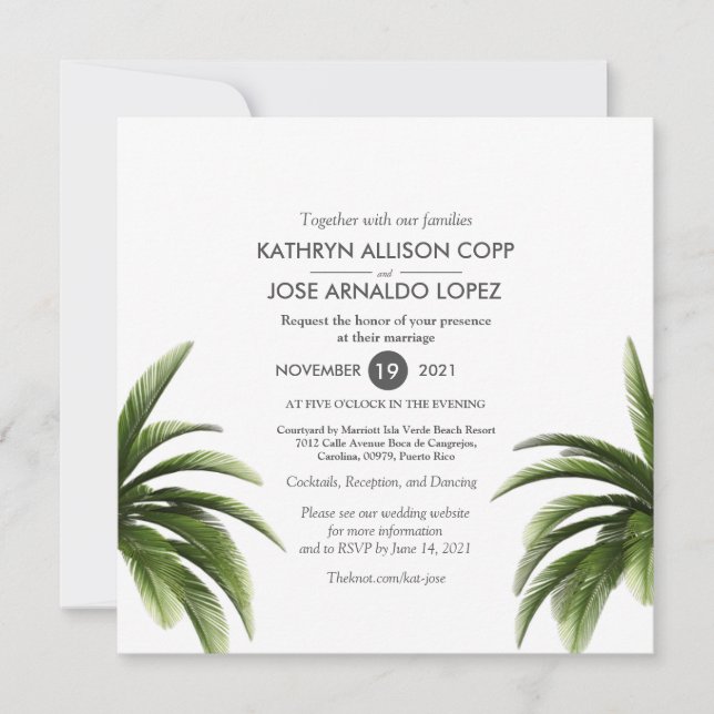 Tropical Palm Tree Green Wedding Card Einladung (Vorderseite)