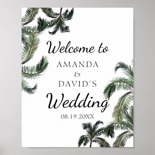 Tropical Palm Tree Greenery Beach Hochzeit Empfang Poster (Vorne)
