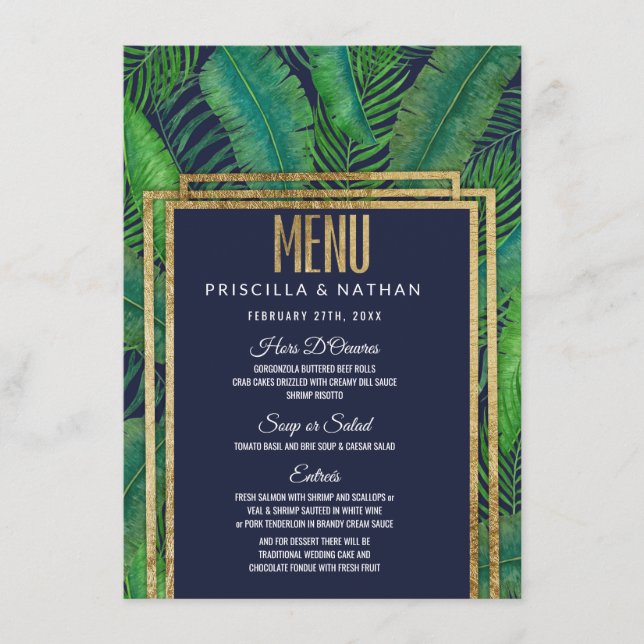 Tropical Palm Tree Greenery Gold Navy Blue Wedding Menükarte (Vorderseite)