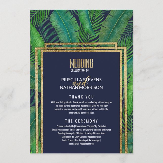 Tropical Palm Tree Greenery Gold Navy Blue Wedding Programm (Vorderseite)