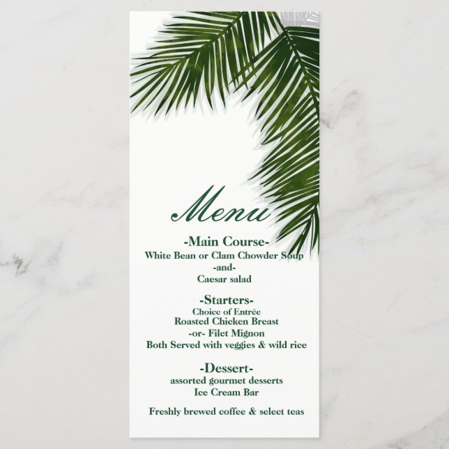 Tropical Palm Tree Leaf Elegantes Hochzeitsmenü Menükarte (Vorderseite)