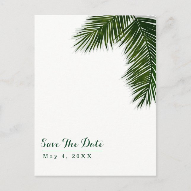 Tropical Palm Tree Leaf Hochzeit speichern Sie das Ankündigungspostkarte (Vorderseite)