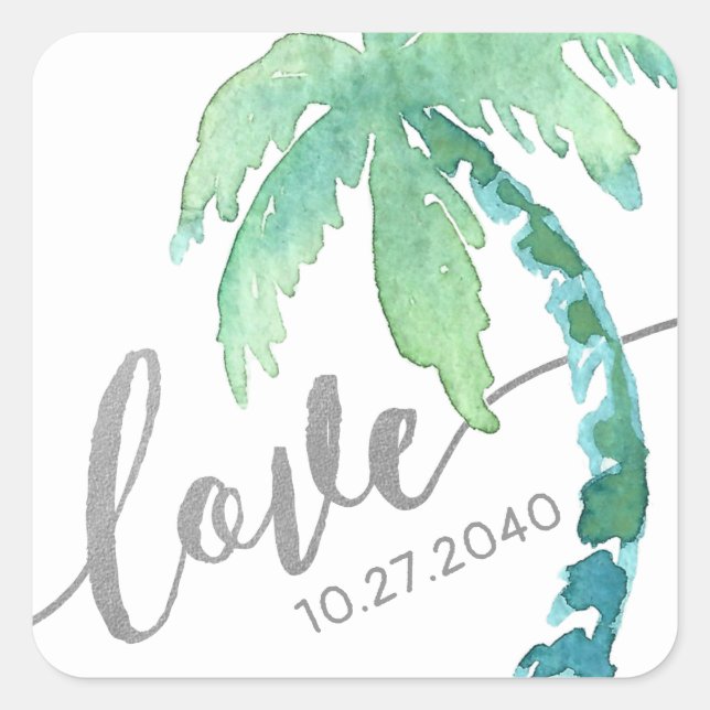 Tropical Palm Tree Liebe Grün Silver Quadratischer Aufkleber (Vorderseite)