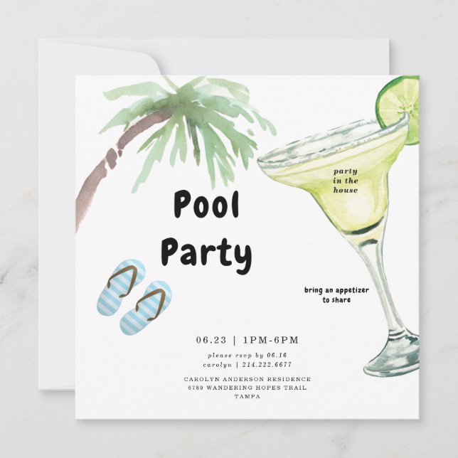 Tropical Palm Tree Margarita White Pool Party Einladung (Vorderseite)