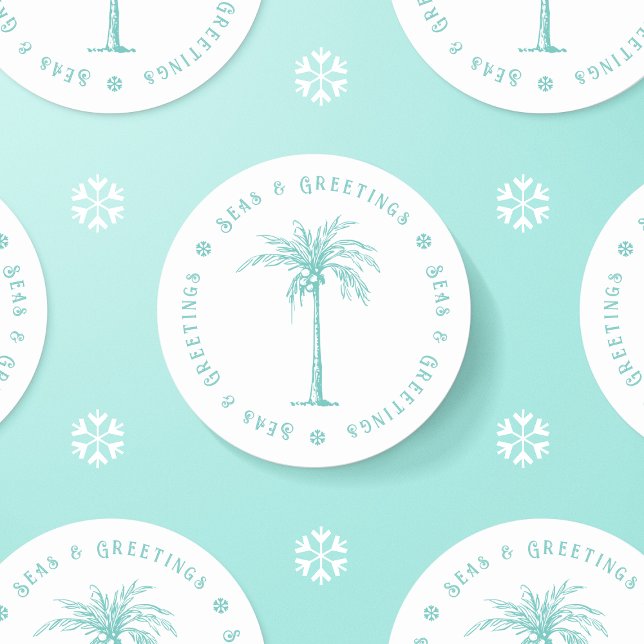 Tropical Palm Tree Meer und Grüße Weihnachten Runder Aufkleber (Tropical Palm Tree Seas and Greetings Christmas Classic Round Stickers)