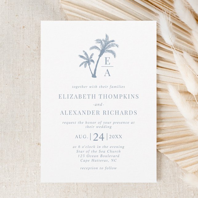 Tropical Palm Tree Monogram Beach Blue Wedding Einladung (Von Creator hochgeladen)