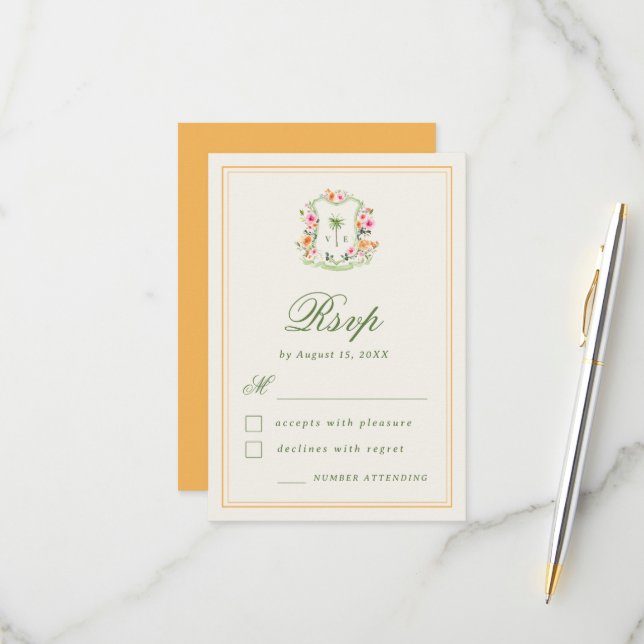 Tropical Palm Tree Monogram Summer Beach Wedding RSVP Karte (Vorderseite/Rückseite Beispiel)