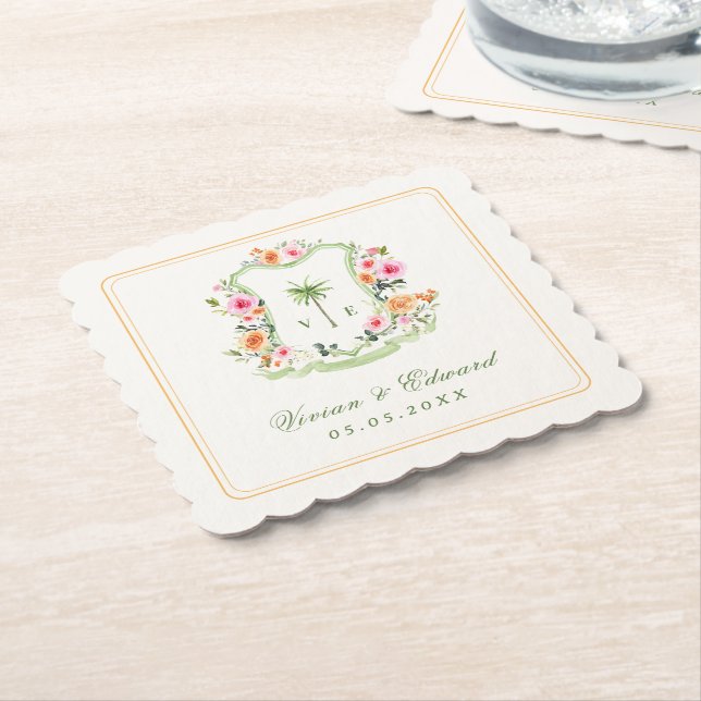 Tropical Palm Tree Monogram Summer Beach Wedding Untersetzer (angewinkelt)