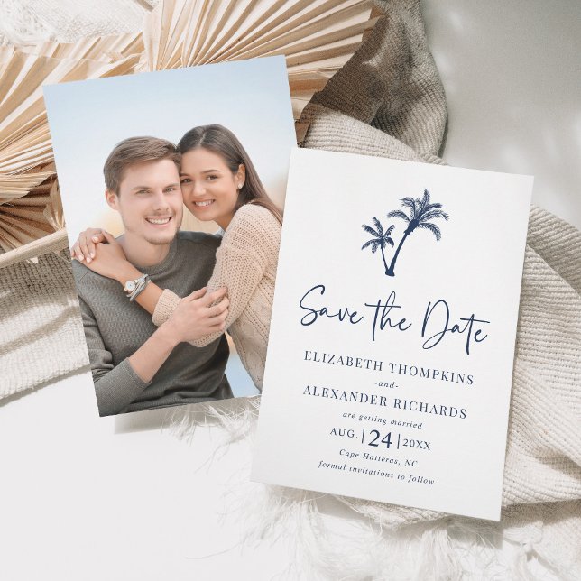 Tropical Palm Tree Navy Blue Beach Hochzeit Save The Date (Von Creator hochgeladen)