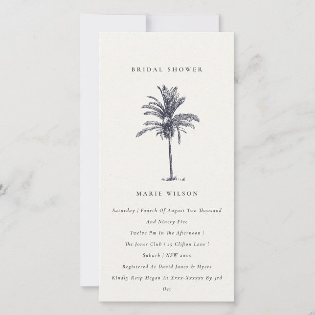 Tropical Palm Tree Navy Kraft Brautparty laden Dankeskarte (Vorderseite)