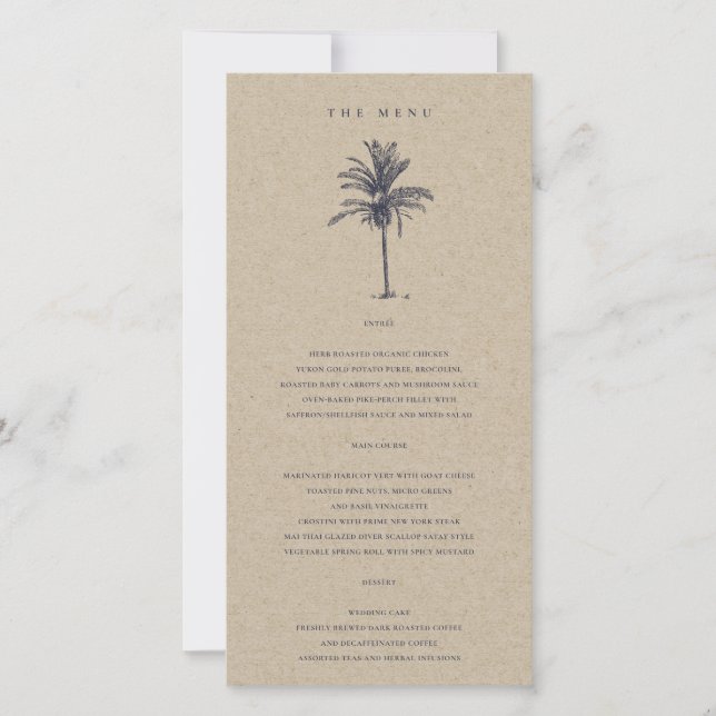 Tropical Palm Tree Navy Kraft Wedding Menu Card Dankeskarte (Vorderseite)
