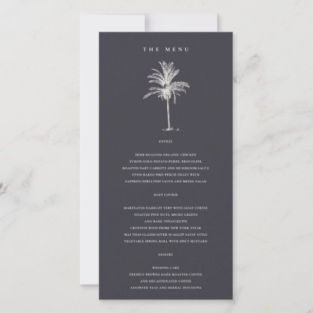 Tropical Palm Tree Navy Kraft Wedding Menu Card Dankeskarte (Vorderseite)